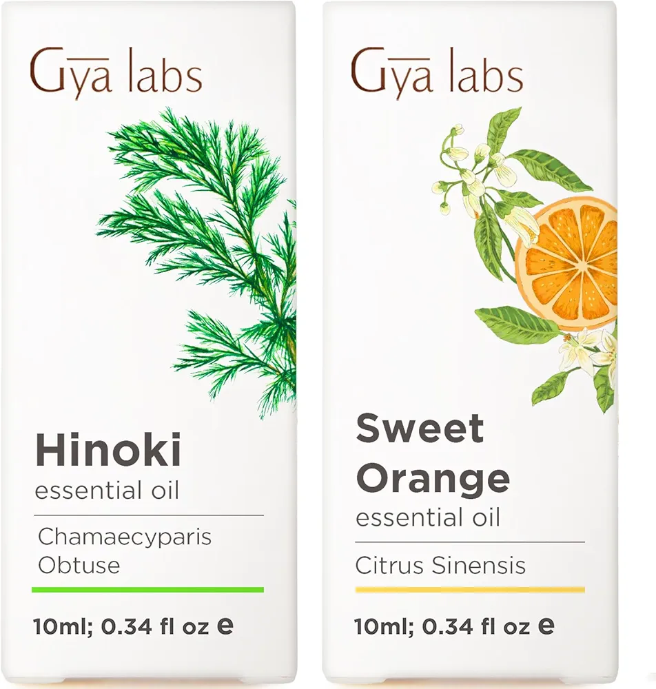 Hinoki Essential Oil for Skin & Orange Essential Oil for Diffuser Set - 100% Natural Aromatherapy Grade Essential Oils Set - 2x0.34 fl oz - Gya Labs