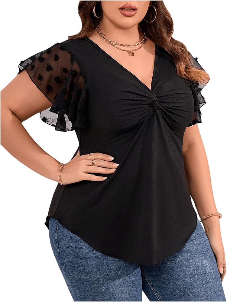 SOLY HUX Women's Plus Size Twist Front Deep V Neck Tee Tops Blouse Ruffle Short Sleeve Summer T Shirt