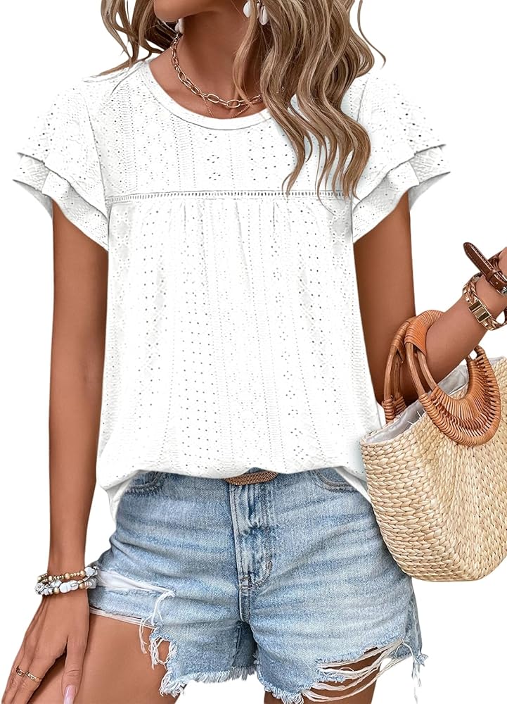 Zwurew Womens Summer Tops Crewneck Eyelet Ruffle Sleeve Blouses Casual Babydoll Shirts 2024 S-2XL