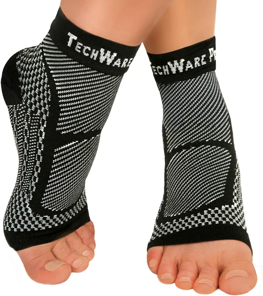 TechWare Pro Ankle Brace Compression Sleeve - Relieves Achilles Tendonitis, Joint Pain. Plantar Fasciitis Sock with Foot Arch Support Reduces Swelling & Heel Spur Pain. Injury Recovery for Sports