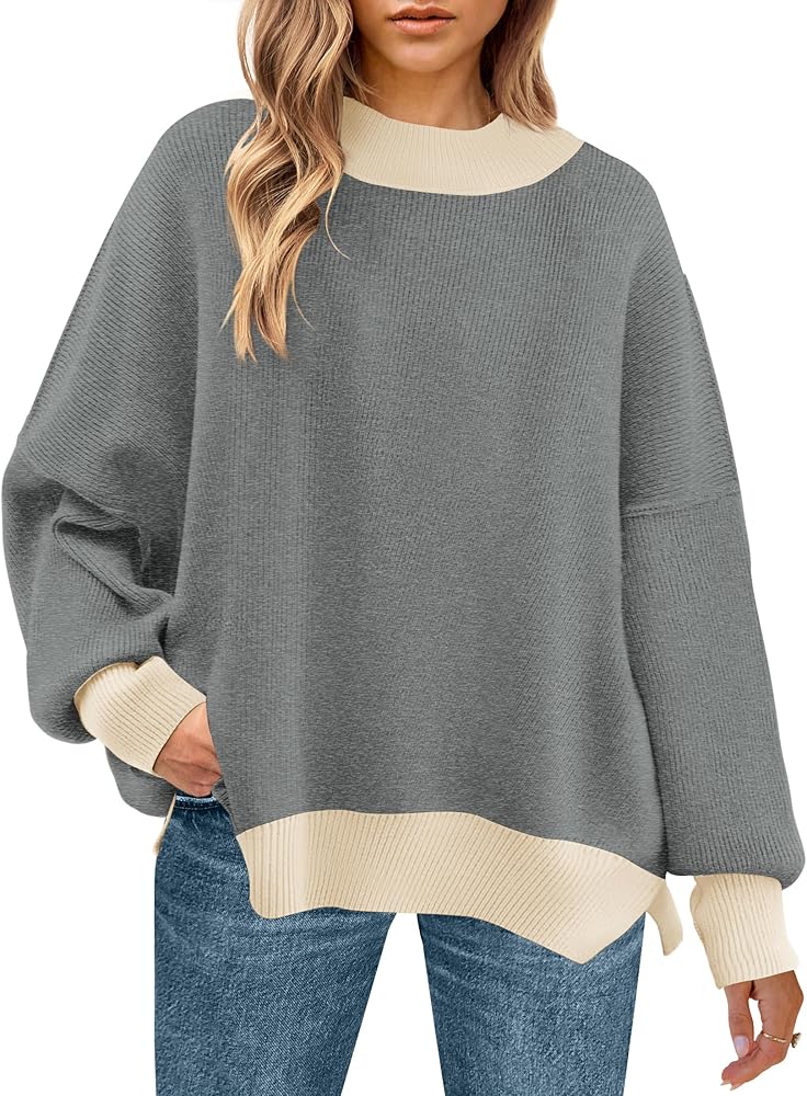 ZESICA Women's Winter Oversized Sweaters Long Sleeve Color Block Mock Neck Side Slit Comfy Loose Knitted Pullover Tops