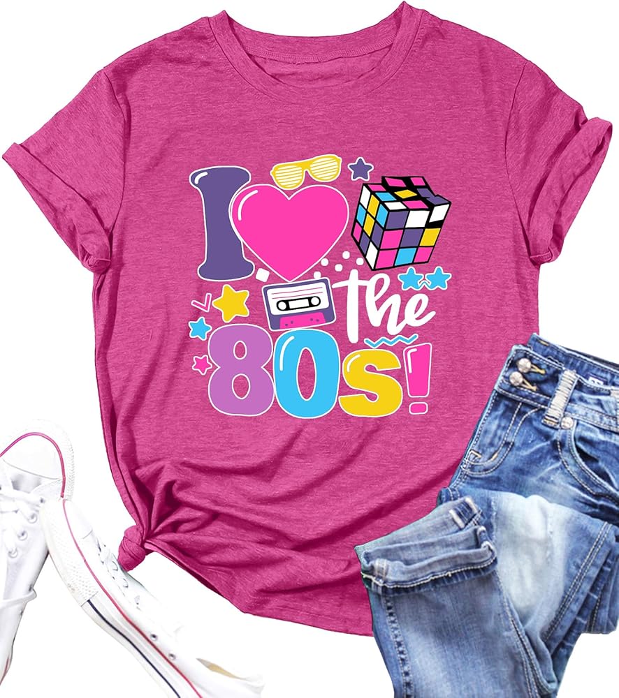 PECHAR I Love The 80's Shirt for Women Vintage 80s Music Graphic Tshirt 80's Party Short Sleeve Blouse Tops