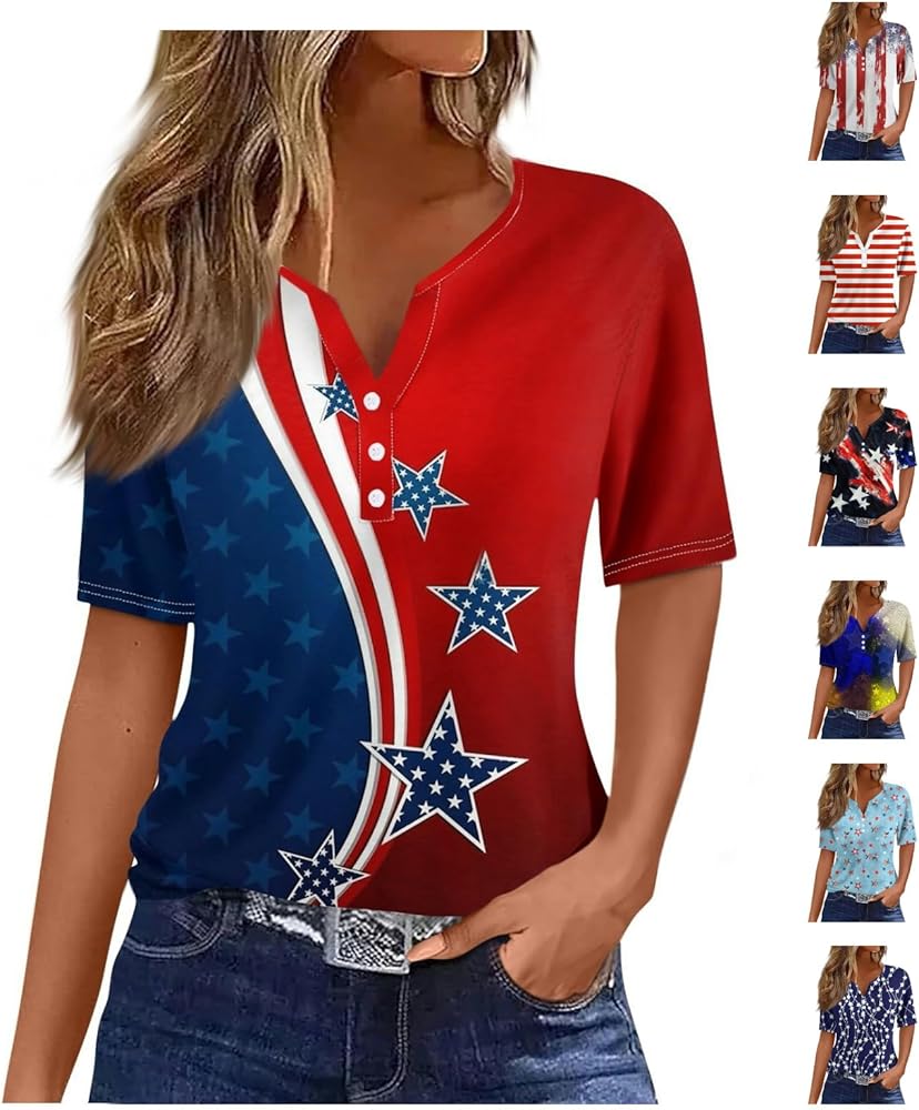 Women's 4Th of July Tshirt American Flag Vintage V Neck Shirt Summer Short Sleeve Tops,S-2XL