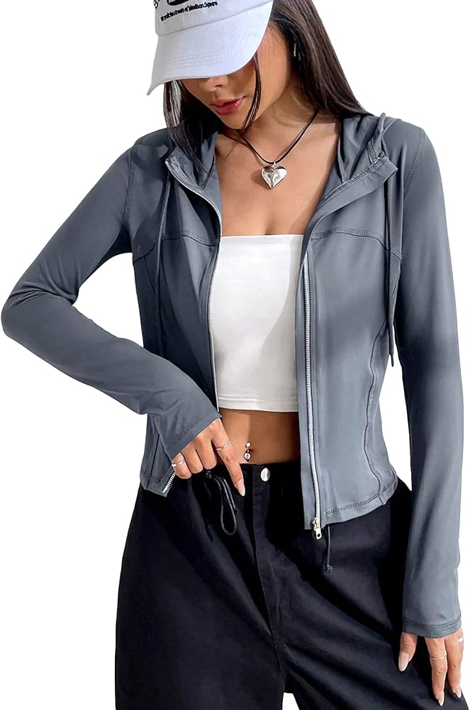 SHENHE Women's Zip Up Asymmetrical Cropped Hoodie Sweatshirt Hooded Jacket with Pockets