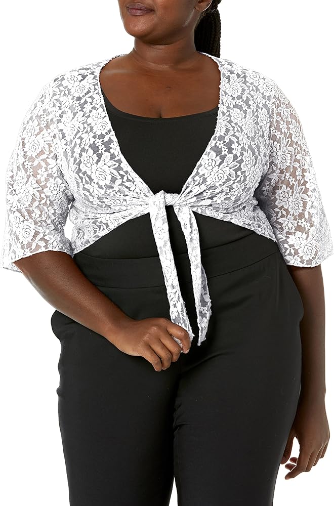 Star Vixen Women's Plus-Size 3/4 Sleeve Stretch Lace Tiefront Shrug Sweater