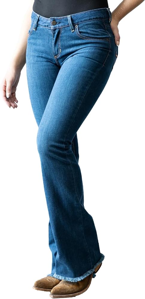 Kimes Ranch Women's Lola Casual Western Mid-Rise Waist Trouser Fit Wide Flare Leg Tri-Blend Denim Blue Jeans