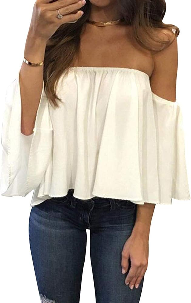 Bluetime Women Summer Off Shoulder Chiffon Blouse Ruffles Short Sleeves Tops Casual T Shirt