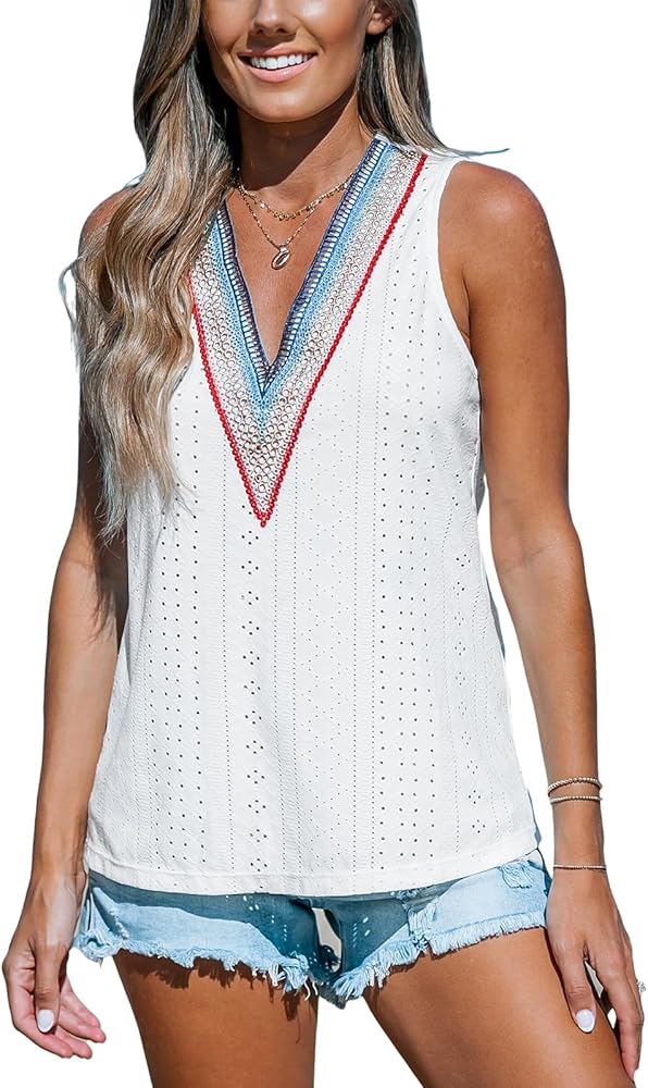 CUPSHE Women Eyelet Tops V Neck Embroidered Jersey Tank Lace Cutout Blouses Tee Sleeveless Shirt Casual White XL