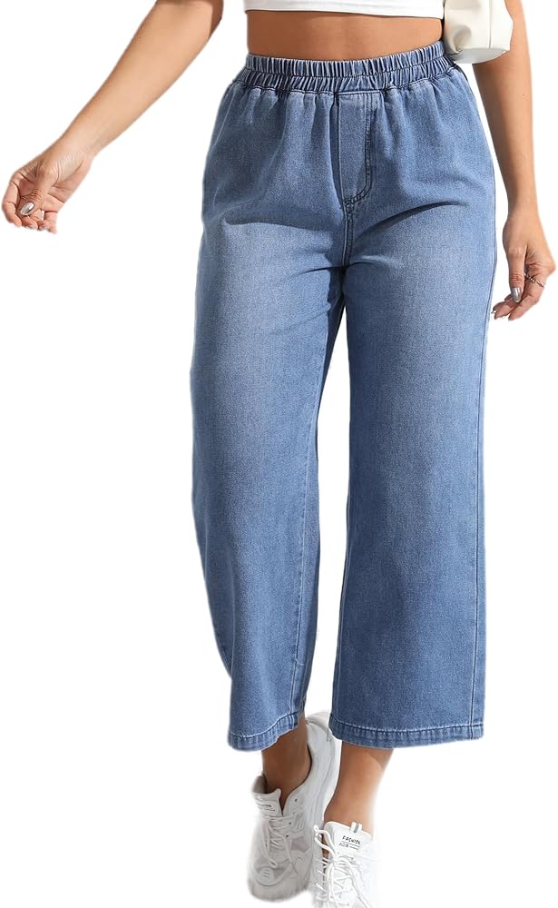 Womens Wide Leg Cropped Jeans 90s Elastic Waist Baggy Pull On Denim Pants for Woman 2024 Trendy