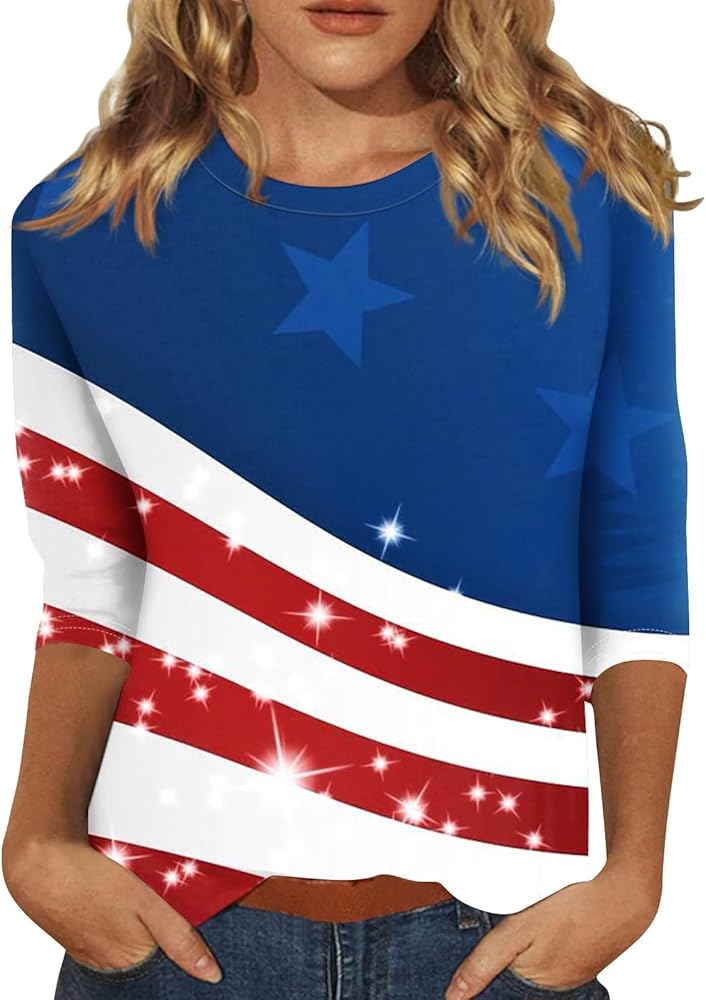 Women's Tops, 3/4 Sleeve Shirts for Women Independence Day Print Graphic Tees Blouses Casual Plus Size Basic Tops Pullover