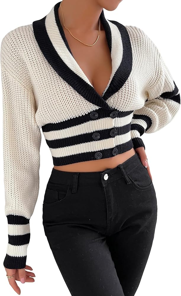 SHENHE Women's Striped V Neck Button Down Color Block Wrap Cropped Cardigan Sweater