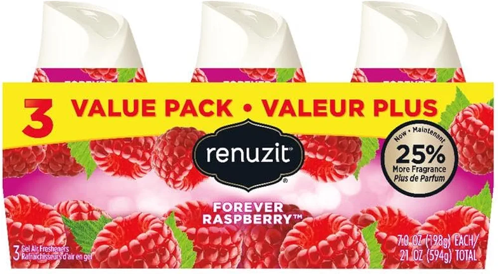 Renuzit Forever Raspberry Scent Air Freshener 7 oz. Gel - Case of: 4; Each Pack Qty: 3; Total Items Qty: 124