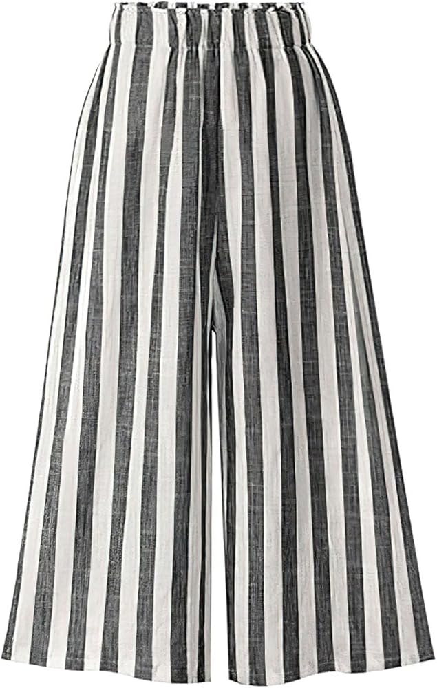 CHARTOU Women's Casual Striped High-Waist Wide-Leg Cotton Lightweight Palazzo Capri Culotte Pants