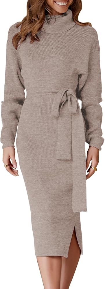 ANRABESS Women's Turtleneck Long Sleeve Knit Slit Slim Bodycon Tie Waist Pullover Midi Sweater Dress 2024 Fall Winter Outfits