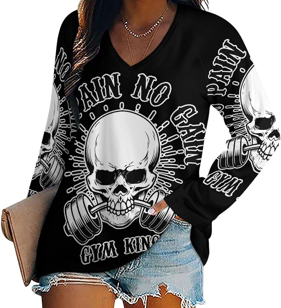 No Pain No Gain Gym King Loose Womens Shirts Long Sleeve Tees Tops Casual V-Neck Graphic Blouses