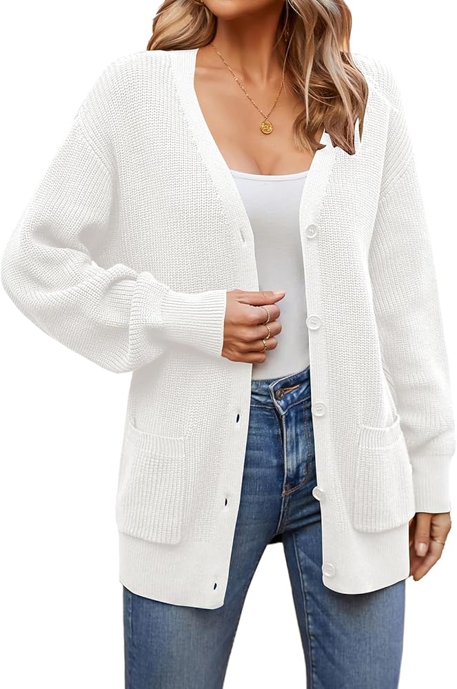 QUALFORT Women's 100% Cotton Cardigan Lantern Sleeve Cardigan Oversized Sweater with Pockets