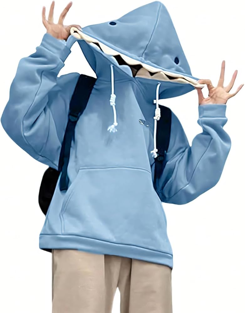 KT Women's Shark Hoodie, Cute Long Sleeve Blue Kawaii Animal Shark Shape Hooded Pullover Sweatshirts