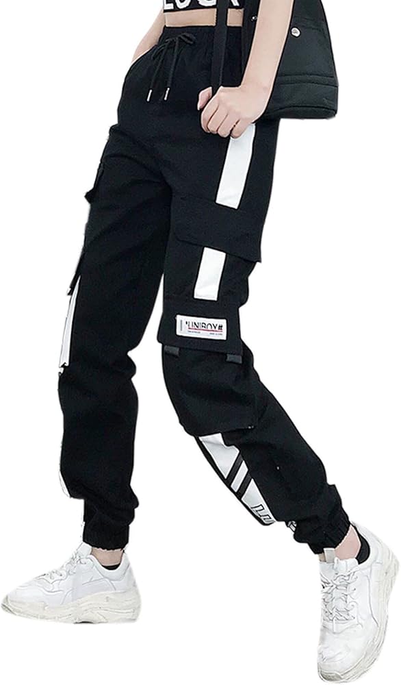 MEINVQIAOTI Black Cargo Pants for Women Straight Hip-hop and Thin Casual Techwear Women Baggy Pants