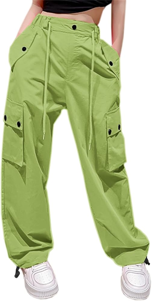 Cromoncent Girls&Womens High Waist Parachute Pants Y2K Cargo Trousers with Pockets 6 Years-Women 2XL