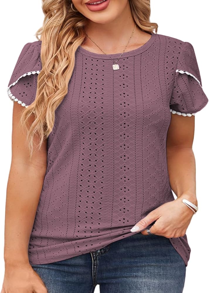 VISLILY Womens-Plus-Size-Summer-Tops Lace Trim Petal Short Sleeve T Shirts Casual Crewneck Eyelet Tunics Blouses Tee XL-5XL