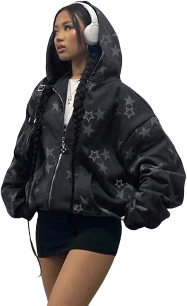 Harajuku Fashion Men's and Women's Zip-Up Hoodie Gothic Stars Pattern Hoodie EMO Streetwear Hoodie