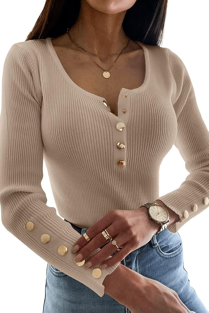 Apbondy Womens Sexy Long Sleeve Sweater Scoop Neck Button Up Fitted Pullover Shirts Tops