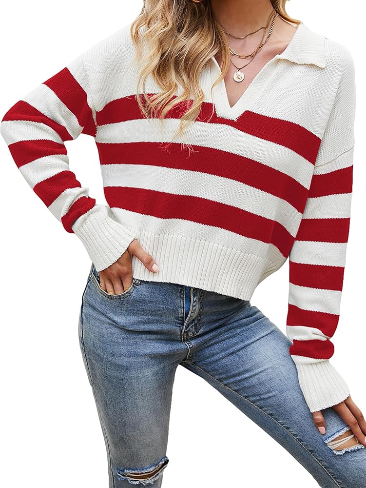 SHENHE Women's Casual Long Sleeve Knit Sweater V Neck Striped Pullover Jumper Tops