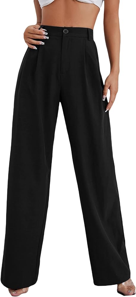 MakeMeChic Women's High Waisted Pockets Work Office Palazzo Wide Leg Pants Black A S