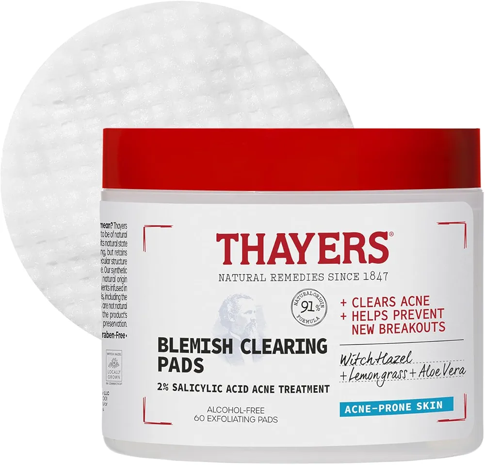 Thayers Blemish Clearing Acne Pads, Salicylic Acid Acne Treatment for Face, Pore Reducing, Exfoliating, and Soothing Skincare, Witch Hazel Toner Pads, 60 Ct