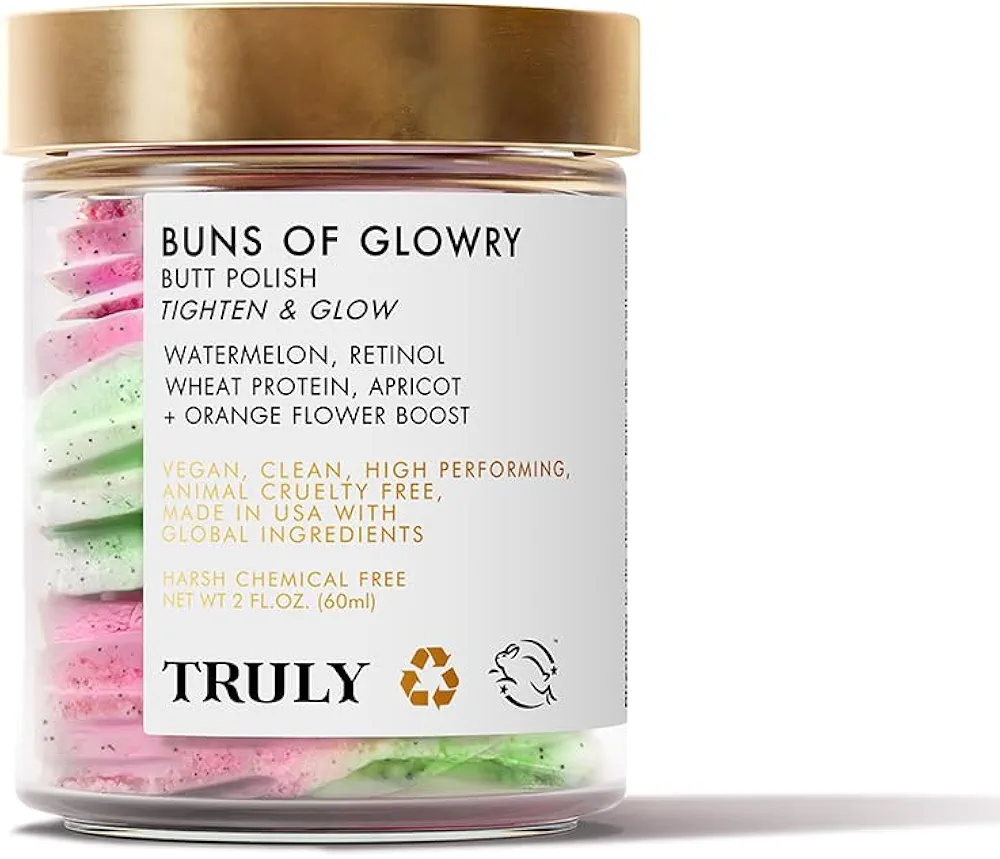 Truly Beauty Buns of Glowry Body Polish - Exfoliating Body Scrub - Brightening Body Scrubs for Women Exfoliation, Keeps Skin Hydrated, Helps Smoothen Cellulite and Stretch Marks - 2 OZ