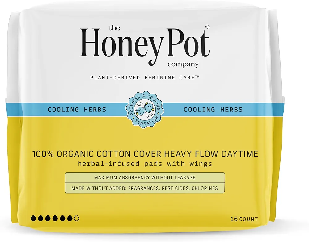 The Honey Pot Company - Herbal Pads for Women - Heavy Flow w/Wings - Infused w/Essential Oils for Cooling Effect & Organic Cotton Cover - Sanitary Pads for Women - Feminine Care - FSA & HSA - 16ct