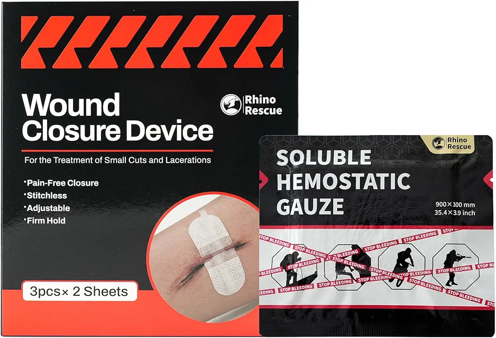 RHINO RESCUE Wound Closure Device 6pcs with Hemostatic Gauze, Closure Strips Without Suture, Zipstitch Laceration Cut Care