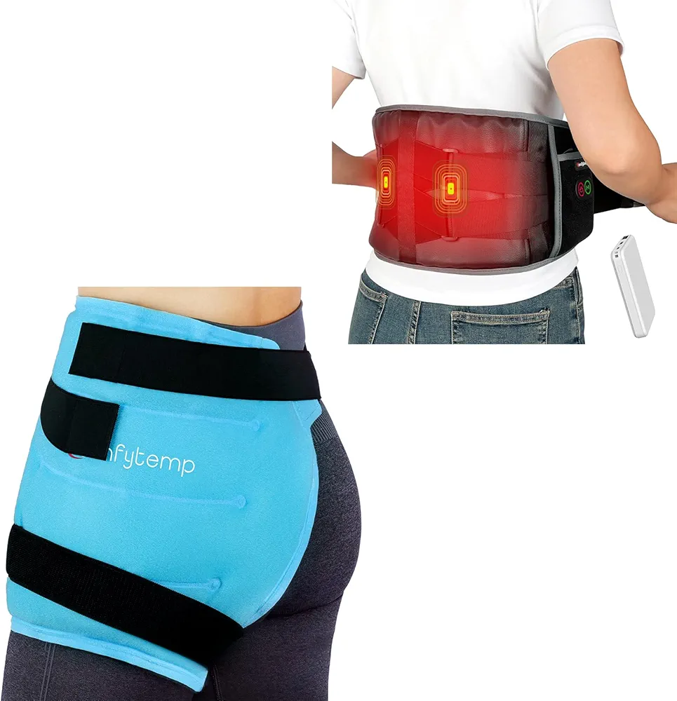 Comfytempp Large Hip Ice Pack Wrap for Hip Replacement, Fracture, Hip Pain Relief & Cordless Heating Pad with Massager for Back Bundles, FSA HSA Eligiable, Gift for Recovery After Surgery, Men Women