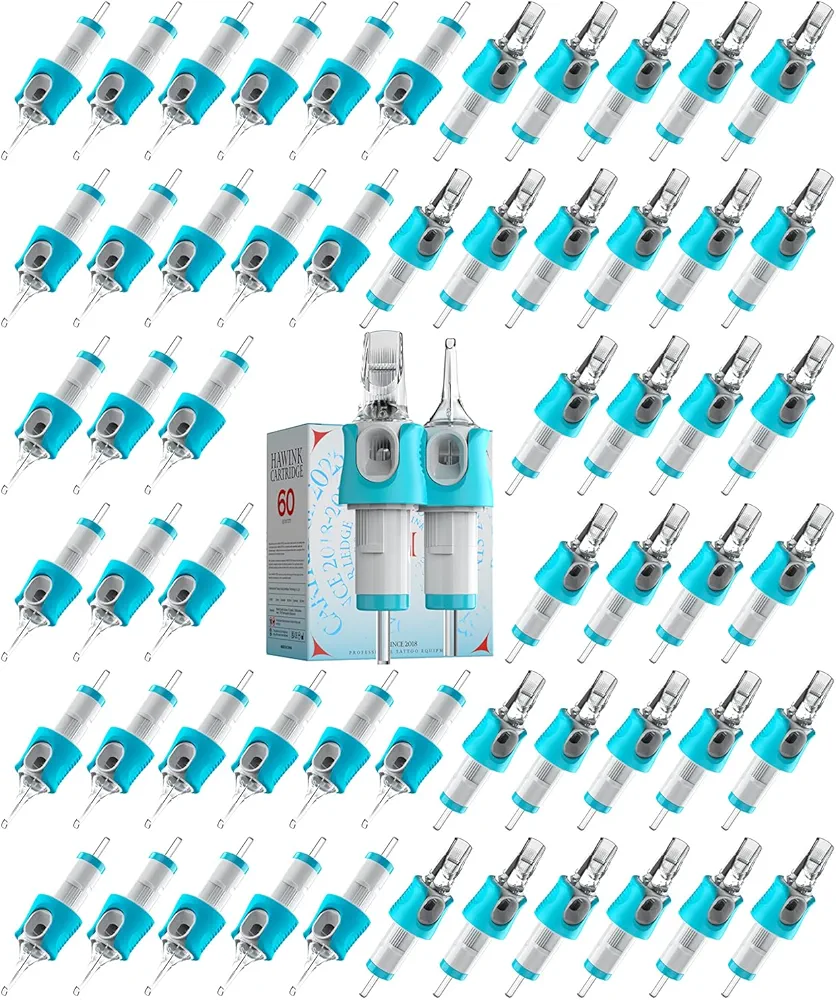 60 Assorted Tattoo Needles Cartridge Mixed Size #12 Standard (Round Liner 3RL*8, 5RL*8, 7RL*8, 9RL*4, 9RM*4, 15RM*4, 5RS*4, 7RS*4, 9RS*4, 14RS*4, 7M1*4, 9M1*4) 0.35MM Disposable EN05S-BFG-60KIT-N