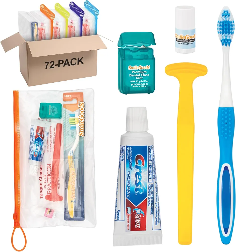 Smilegoods Adult Deluxe Dental Care Kit with Toothbrush, Toothpaste, Floss, Tongue Cleaner and Lip Balm, 72 pack