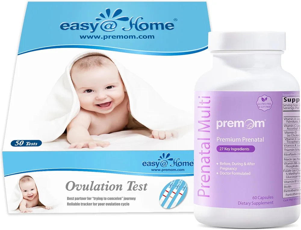 Easy@Home Ovulation Test Strips (50-Pack) + Premom Multivitamin for Women - Prenatal Formula Vitamin Supplements