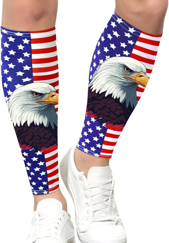 4th Of July Calf Compression Sleeve for Men, 1 Pair 20-30mmHg Red White Blue Star Leg Sleeves, Eagle Shin Splint Compression Sleeve for Running Work Cycling Football Leg Support Sleeve