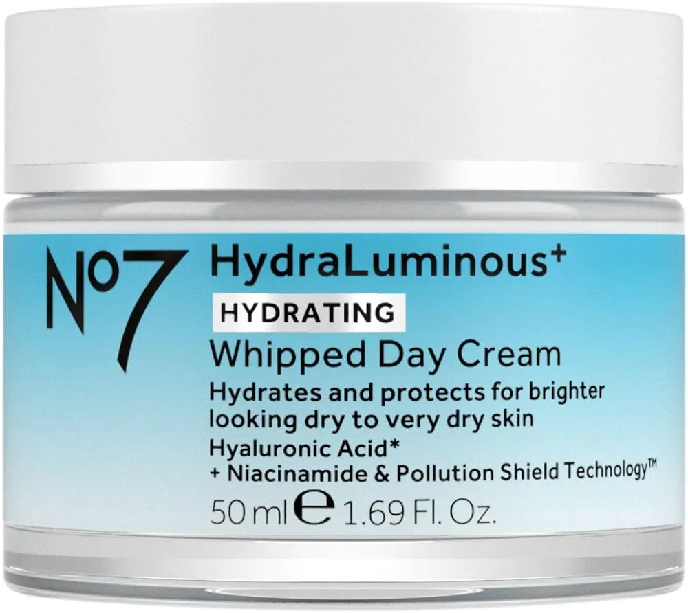 No7 HydraLuminous+ Hydrating Whipped Day Cream - Hyaluronic Acid Facial Moisturizer with 2% Vitamin B3 Niacinamide for Skin Barrier Repair & Visibly Healthy-Looking Skin (1.69 Fl Oz)