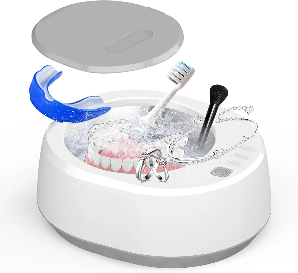 Ultrasonic Cleaner for Dentures, Professional Ultrasonic Jewelry Cleaner, Portable Retainer Cleaner Machine for Dentures, Retainer, Aligner, Braces, Mouth Guard, White