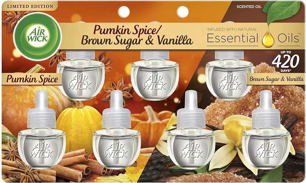 Air Wick Plug in Scented Oil Refill, 7ct, Pumpkin + Brown Sugar Mixed Pack, Fall Scent, Essential Oils, Air Freshener