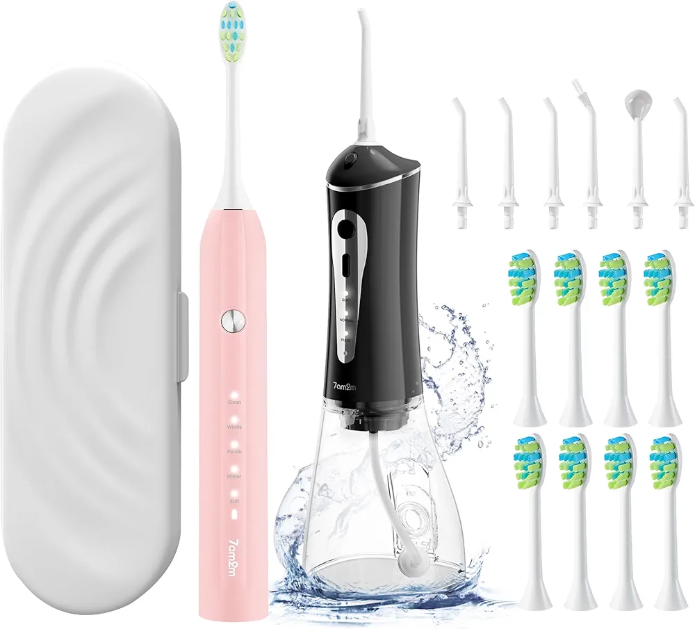 7AM2M Water Dental Flosser Cordless for Teeth, 300ML Rechargeable Cleaner - 5 Modes Sonic Electric Toothbrush with 8 Brush Heads and Travel case(Pink&Black)