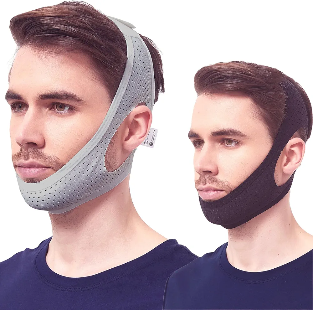 Chin Strap for Cpap Users, 2 Pack Black & Grey Comfortable Mesh Anti Snoring Chin Straps for Men Women, Upgraded Adjustable Cpap Chin Strap to Keep Mouth Closed While Sleeping(2 Pack), Medium