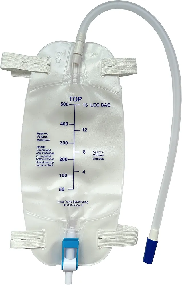 3 Pack Easy-Tap Leg Bag Urinary Drainage Bag, 500 ML with 3 18” Tubing, Anti-Reflux Valve, Cloth Straps Easy Flip Drain