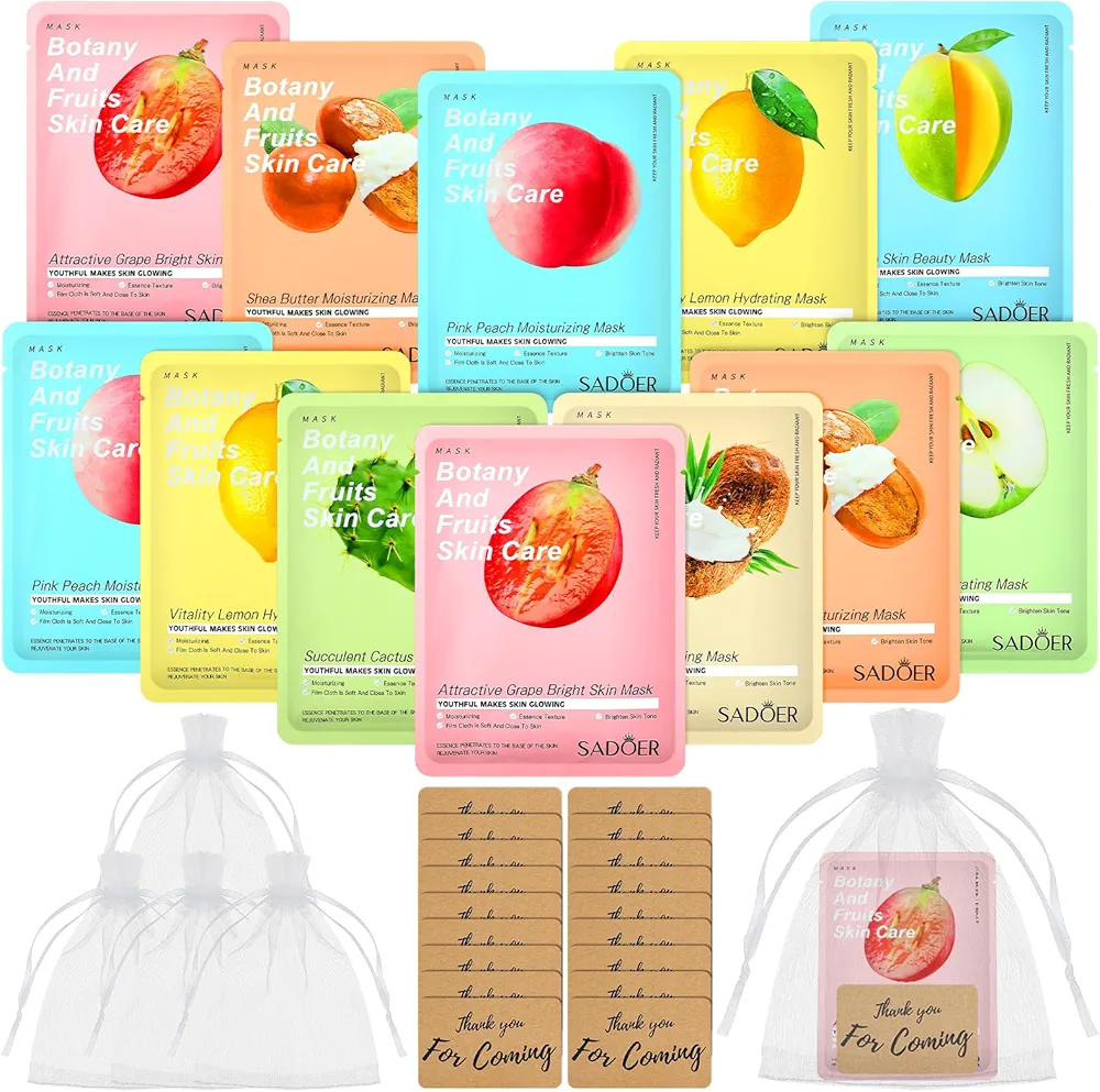 Dunzy 24 Sets Fruit Theme Skin Facial Masks Fruit Skincare Spa Face Masks with Thank You Cards Masks Skincare Spa Supplies for Girls Women Hydrating Spa Birthday Girls Party Night Party, 8 Styles