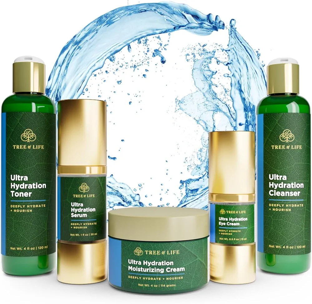 Tree of Life Hydrating Anti-Aging Moisturizing Complete Regimen, includes Face Cleanser (4 Fl Oz), Toner (4 Fl Oz), Serum (1 Fl Oz), Face and Body Cream (4 Oz) and Eye Cream (0.5 Fl Oz)