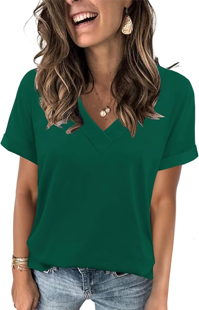 Heymiss Womens Summer Tops Short Sleeve Shirts V Neck T Shirt Loose Casual S-2XL