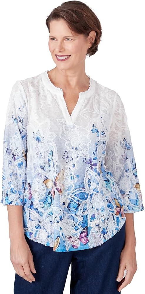 Alfred Dunner Women's in Full Bloom Butterfly Border Jacquard Split Neck Top