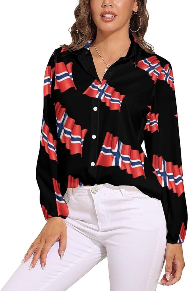 Norway Flag Womens Long Sleeve Shirts V Neck Button Down Blouses Casual T-Shirt Tops