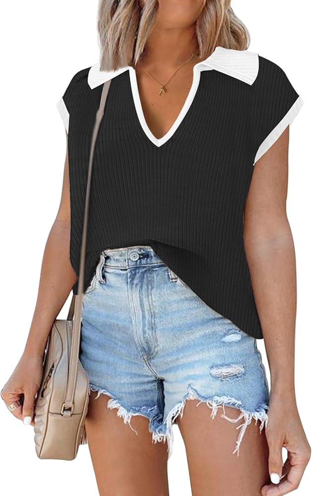 Short Sleeve Sweater for Women 2024 Spring Striped Sweater Vest Polo Sweater Tank Tops Summer Tops Sweater Shirt Blouse