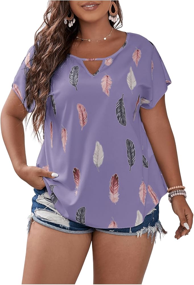 SOLY HUX Plus Size Blouses for Curvy Women Cute Boho Print Shirts V Neck Casual Summer Blouses T-Shirts Tops